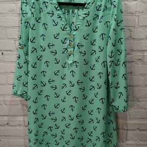 Green Anchor Print Blouse